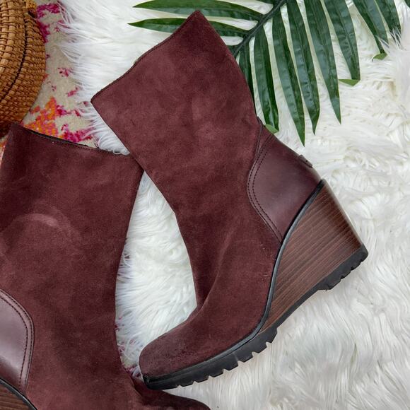 Sorel Red Burgundy Leather After Hours Mid Calf Wedge Boot 8 Bootie Fall Winter - Picture 3 of 9